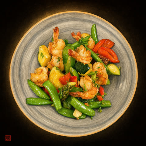 Woket Sichuan spicy kongereker med sukkererter og asparges
