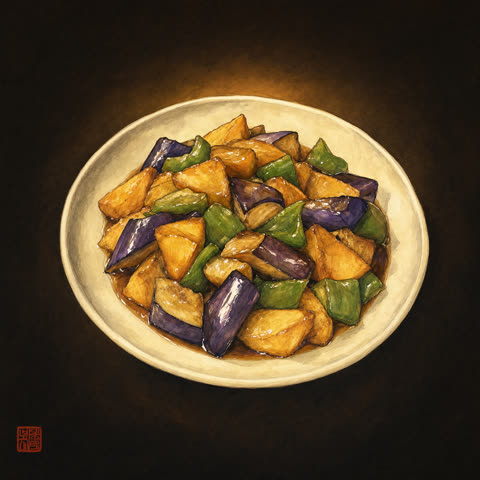 Stekt potet, aubergine og grønn paprika